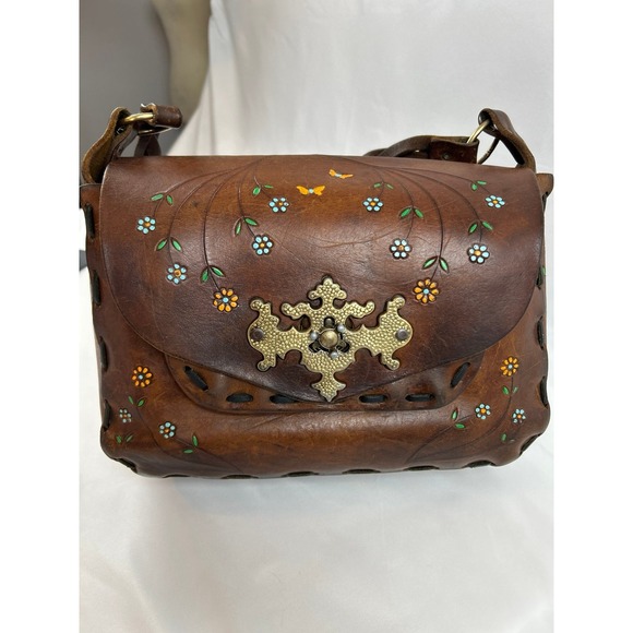 Vintage 70s Canale Leather Purse Handbag Floral Embroidered Crossbody Bag Boho - Picture 1 of 11